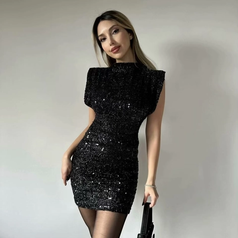 Damen Elegant Pailletten Bodycon Mini Kleid Hochgeschlossen Ärmellos Schulterpolster Party Abendkleid Schlanke Passform Glitzerndes Clubwear