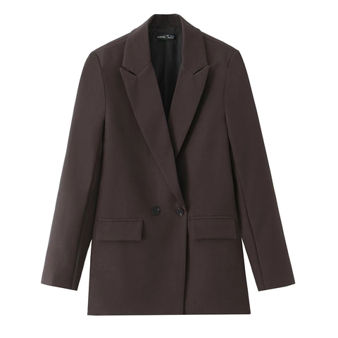 Dames Blazer Jas Dubbele Rij Knopen Revers Effen Donkerbruin Kantoor Casual Lange Mouwen Outwear Voor Dames Elegante Stijl