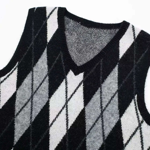 Damen Vintage Argyle V-Ausschnitt Ärmellos Strick Midi Kleid Retro Gerade Weste Kleid Strickwaren