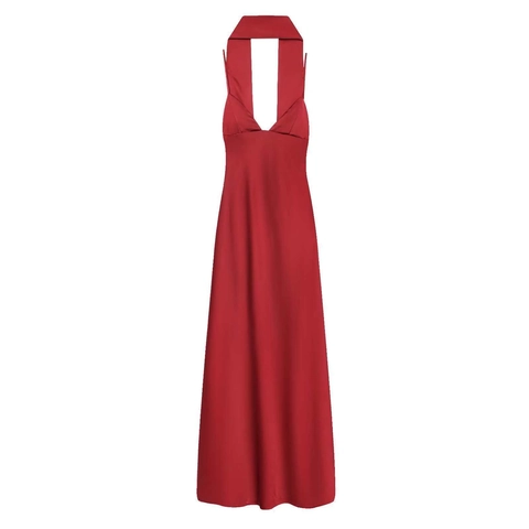 Damen Elegant Satin Neckholder V-Ausschnitt Maxi Kleid Rückenfrei Slim Fit Ärmellos Einfarbig Abend Party Bankett Langes Kleid