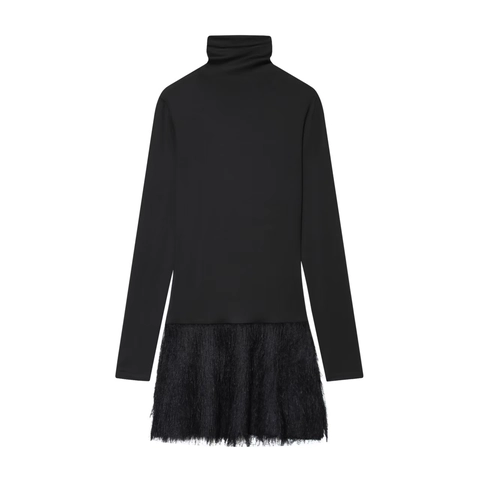 Women Elegant High Neck Long Sleeve Mini Dress Fringe Feather Patchwork Solid Color Autumn Fashion Bodycon Dress