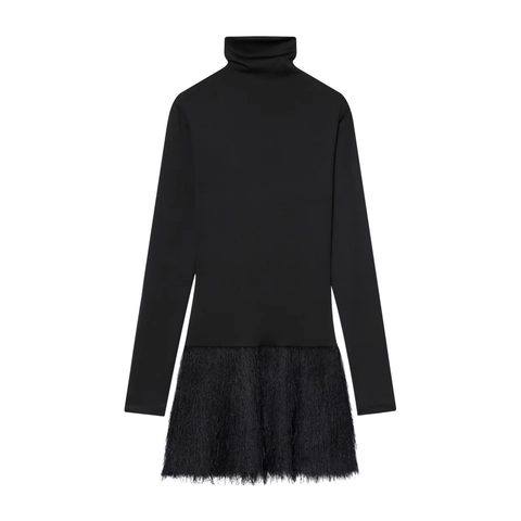 Women Elegant High Neck Long Sleeve Mini Dress Fringe Feather Patchwork Solid Color Autumn Fashion Bodycon Dress