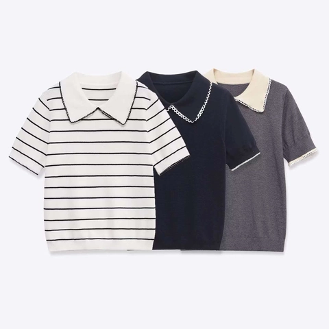 Women Knit Short Sleeve Polo Top Elegant Lace Trim Peter Pan Collar Striped Contrast Color Slim Knitted Shirt Pullover