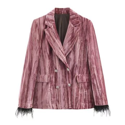 Dames Elegant Fluweel Blazer En Wijde Pijpen Broek Set Double Breasted Jas Met Vederen Manchetten Vintage Mauve Tweedelig Pak