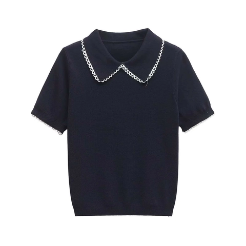 Women Knit Short Sleeve Polo Top Elegant Lace Trim Peter Pan Collar Striped Contrast Color Slim Knitted Shirt Pullover
