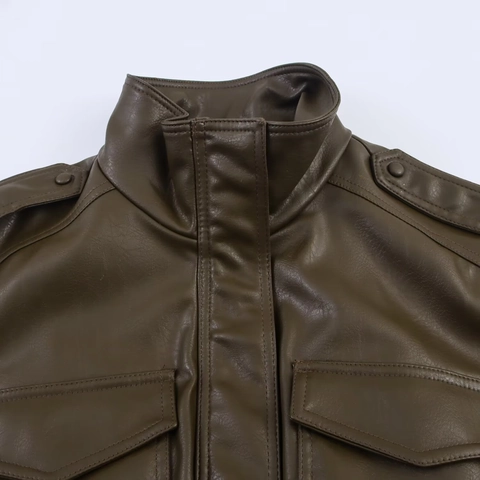 Chaqueta Bomber Corta de Cuero Sintético para Mujer Cuello Alto Manga Larga Chaqueta de PU Bolsillos con Solapa Chaqueta Biker