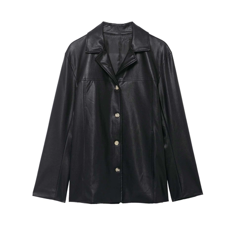 Damen Vintage PU Lederjacke Mit Reverskragen Schwarz Einreihig Kunstlederjacke Casual Outwear Mantel