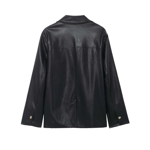 Damen Vintage PU Lederjacke Mit Reverskragen Schwarz Einreihig Kunstlederjacke Casual Outwear Mantel