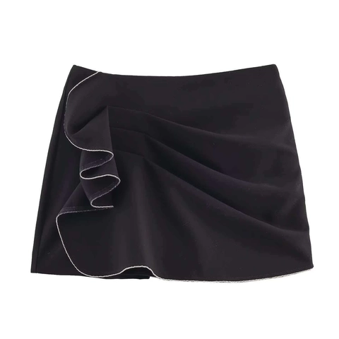 Dames Elegante Hoge Taille Ruffled Skort Met Strass Trim Zwart Mode Veelzijdig Mini Rok Shorts Zomer Feest Dating