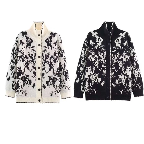 Damen Winter Locker Strickjacke Stehkragen Pullover Abstrakt Jacquard Blumenmuster Dick Warm Outwear Offene Vorderseite Jacke