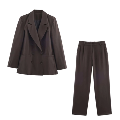 Dames Elegant Koffie Double-breasted Blazer Jasje En Losse Wijde Pijpen Tweedelig Pak Set Kantoor Lady Outfits