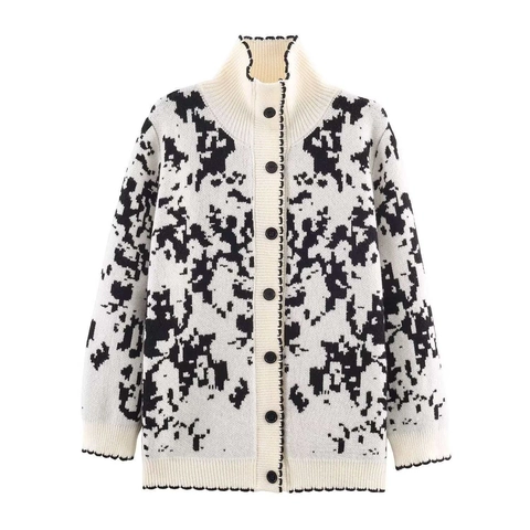 Damen Winter Locker Strickjacke Stehkragen Pullover Abstrakt Jacquard Blumenmuster Dick Warm Outwear Offene Vorderseite Jacke
