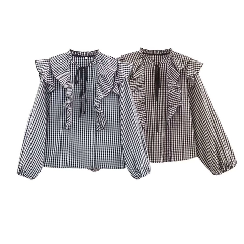 Damen Gingham Karo Langarm Bluse Rüschen Lagenlook Schluppenkragen Hemd Laternenärmel Vintage Baumwollmischung Pastoral Tops