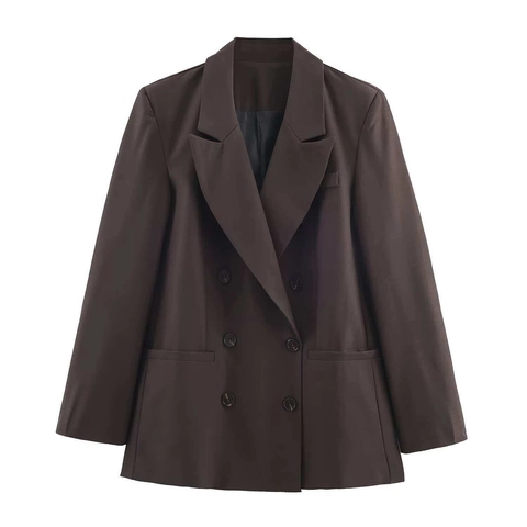 Dames Elegant Koffie Double-breasted Blazer Jasje En Losse Wijde Pijpen Tweedelig Pak Set Kantoor Lady Outfits