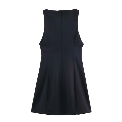 Elegante Vestido Corto Sin Mangas Con Lazo Mujer Color Sólido Ajustado Slim Fit Pequeño Vestido Negro Para Verano