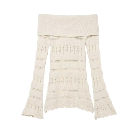 Women Off Shoulder Hollow Knit Top Long Bell Sleeve Elegant Pointelle Cream White Commuter Pullover Sweater