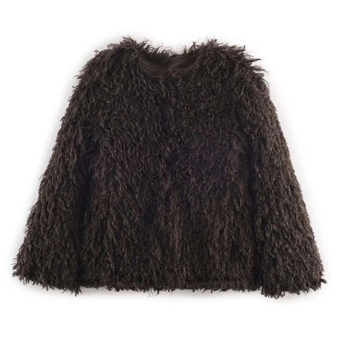 Vintage Damen Kunstpelzmantel Lockige Textur Dunkelbraun Rundhals Warme Winterjacke Mit Satinfutter Eleganter Oberbekleidung