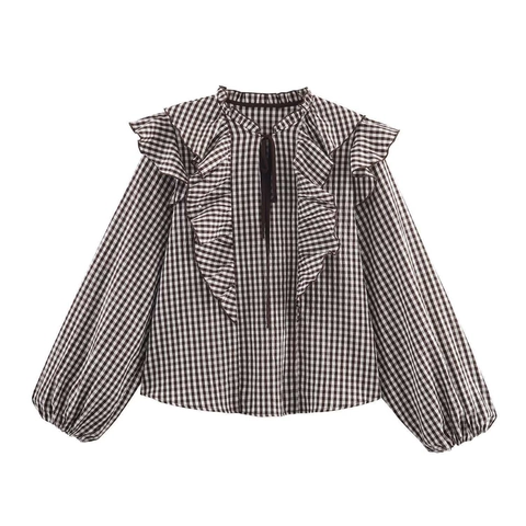 Damen Karo Bluse Mit Volants V-Ausschnitt Bindeband Langarm Laternenärmel Popeline Hemd Elegant Gingham Top