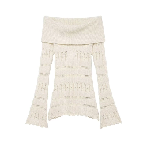 Women Off Shoulder Hollow Knit Top Long Bell Sleeve Elegant Pointelle Cream White Commuter Pullover Sweater