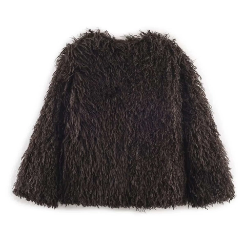 Vintage Damen Kunstpelzmantel Lockige Textur Dunkelbraun Rundhals Warme Winterjacke Mit Satinfutter Eleganter Oberbekleidung