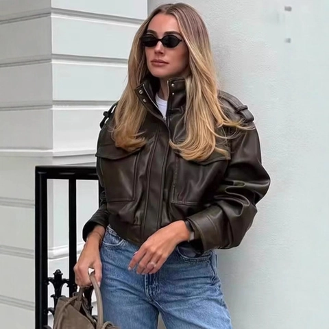 Women Vintage Faux Leather Short Jacket PU Stand Collar Aviator Bomber Outwear Retro Cargo Jacket With Large Flap Pockets