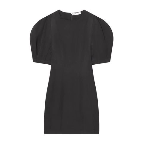 Elegant Solid Black Mini Dress Round Neck Puff Sleeve Stretch Bodycon Pencil Short Dress For Daily Office Party Women