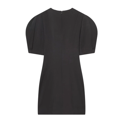 Elegant Solid Black Mini Dress Round Neck Puff Sleeve Stretch Bodycon Pencil Short Dress For Daily Office Party Women
