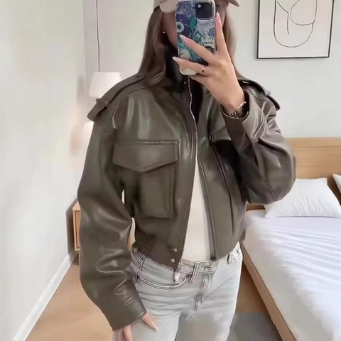 Women Vintage Faux Leather Short Jacket PU Stand Collar Aviator Bomber Outwear Retro Cargo Jacket With Large Flap Pockets