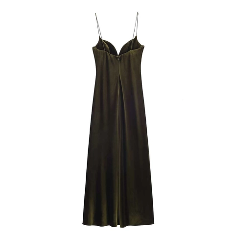 Damen Sexy Samtkleid Mit Spaghettiträgern Tiefem V-Rückenausschnitt Olivgrün Bodycon Maxikleid Für Abendparty Bankett