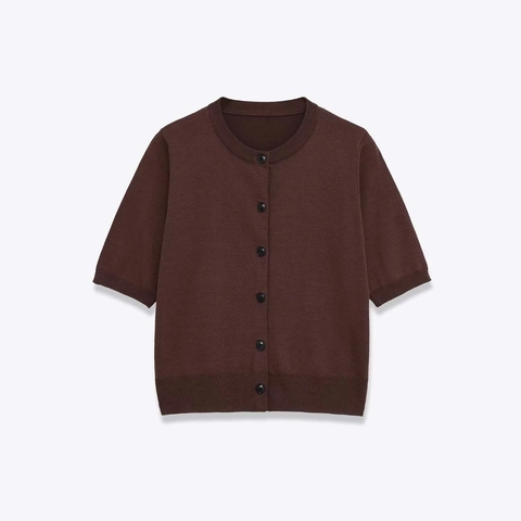 Women's Vintage Dark Brown Short Sleeve Knit Cardigan Round Neck Single Breasted Button Up Sweater Top Casual Knitwear