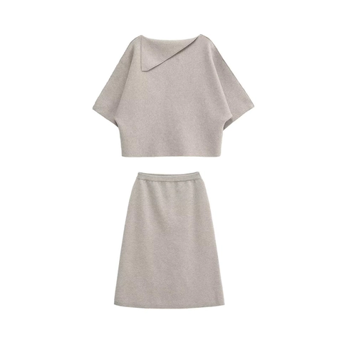 Conjunto de Dos Piezas de Punto para Mujer Top de Suéter con Solapa Asimétrica y Falda Midi de Talle Alto Elegante Casual Otoño Invierno