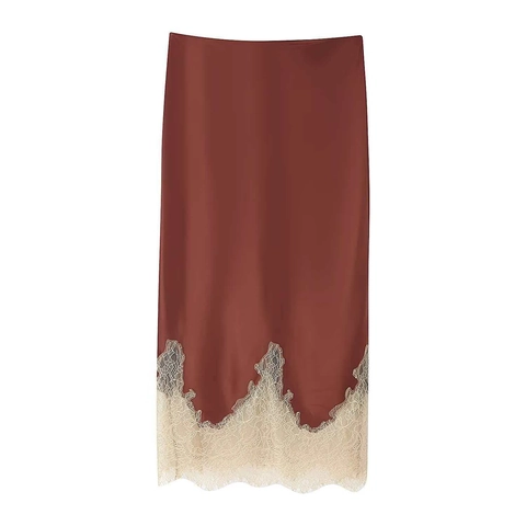Gonna Midi in Raso da Donna con Bordo in Pizzo Marrone Rossastro a Vita Alta con Cerniera Patchwork Elegante Gonna a Tubino alla Moda