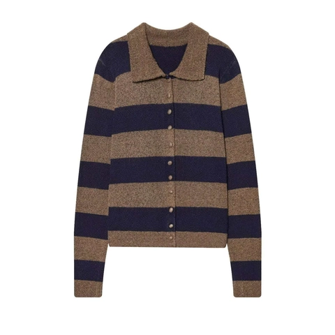 Cardigan En Tricot Rayé Rétro Pour Femmes Revers Polo Manches Longues Simple Boutonnage Décontracté Couleur Contrastée Pull Top