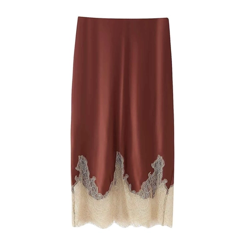Gonna Midi in Raso da Donna con Bordo in Pizzo Marrone Rossastro a Vita Alta con Cerniera Patchwork Elegante Gonna a Tubino alla Moda