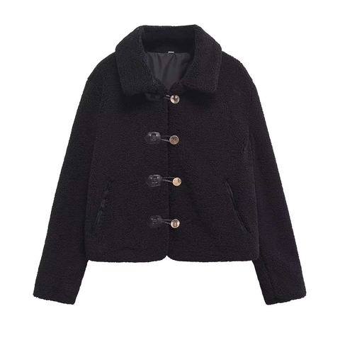 Giacca Corta Invernale in Lana d'Agnello Sintetica da Donna Colletto Rovesciato Alamari Casual Calda Ampia Bianco Nero