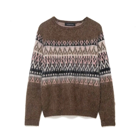 Suéter de Punto Jacquard Geométrico Vintage Fair Isle para Mujer Retro Cuello Redondo Suelto Manga Larga Cepillado Efecto Mohair Pulóver Invierno Cálido Top