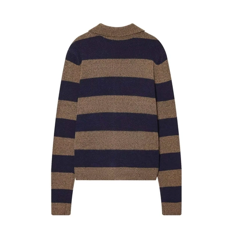 Cardigan En Tricot Rayé Rétro Pour Femmes Revers Polo Manches Longues Simple Boutonnage Décontracté Couleur Contrastée Pull Top