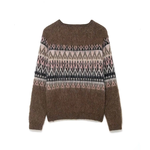 Suéter de Punto Jacquard Geométrico Vintage Fair Isle para Mujer Retro Cuello Redondo Suelto Manga Larga Cepillado Efecto Mohair Pulóver Invierno Cálido Top