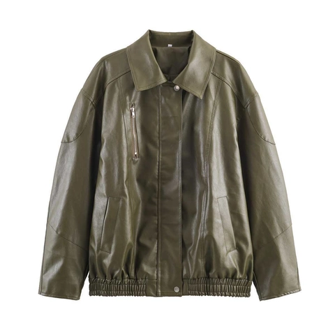 Women Vintage Faux Leather Jacket Casual Loose Lapel Long Sleeve Pockets Elastic Hem Outerwear Retro PU Leather Coat