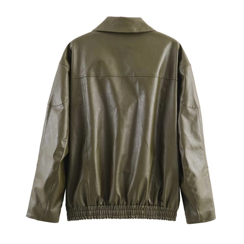 Women Vintage Faux Leather Jacket Casual Loose Lapel Long Sleeve Pockets Elastic Hem Outerwear Retro PU Leather Coat