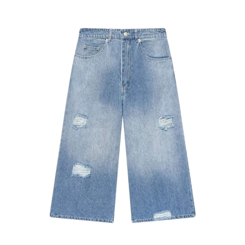 Jean Femme Taille Haute Déchiré Jambe Large Effet Usé Polyester Pantacourt Droit Casual Été Look Denim