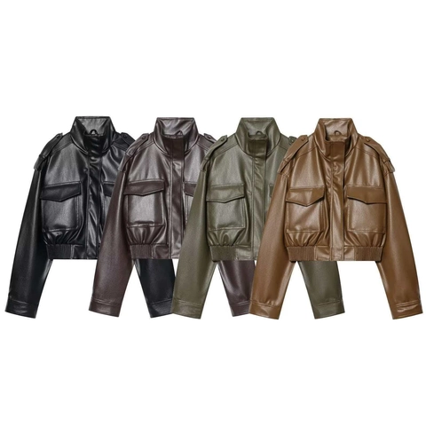 Vintage Kunstlederjacke Für Damen Stehkragen Kurz Slim Fit Utility Cargo Bomberjacke Mit Taschen Rippenbesatz