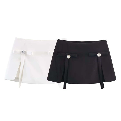Damen High Waist Schleife Strass A-Linie Mini Skort Sommer Chic Asymmetrische Schlitz Rock Shorts Mode Unterteile