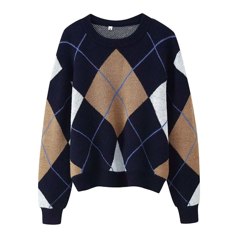 Pull en Tricot Vintage Argyle pour Femmes Col Rond Manches Longues Color Block Chaud Hiver Mode Haut