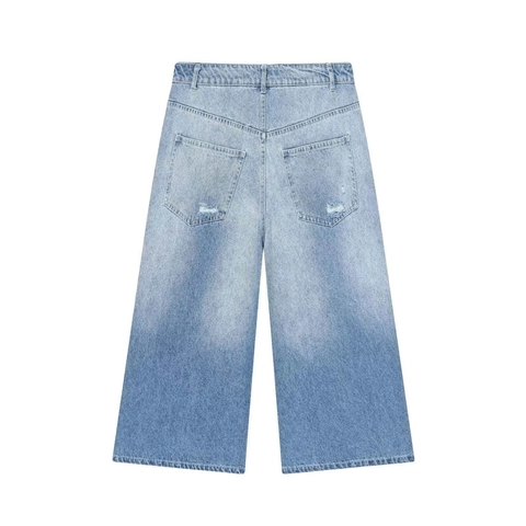 Jean Femme Taille Haute Déchiré Jambe Large Effet Usé Polyester Pantacourt Droit Casual Été Look Denim