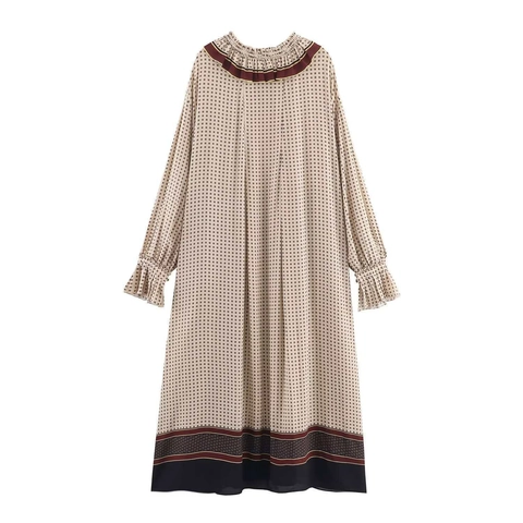 Women Vintage Chiffon Printed Maxi Dress Retro Ruffle Round Neck Tie Loose Patchwork Hem Long Sleeve Elegant Dress