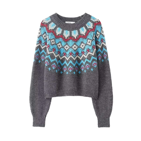 Jersey de Punto Jacquard Geométrico Fair Isle Vintage para Mujer Cuello Redondo Manga Larga Informal Gris Multicolor