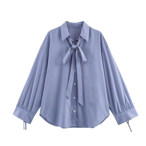 Women Casual Striped Bow Tie Neck Long Sleeve Blouse Loose Button Down Office Work Top Elegant Striped Pattern Blouse