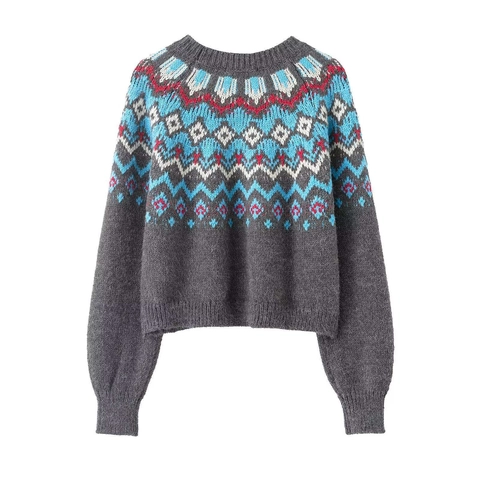 Jersey de Punto Jacquard Geométrico Fair Isle Vintage para Mujer Cuello Redondo Manga Larga Informal Gris Multicolor