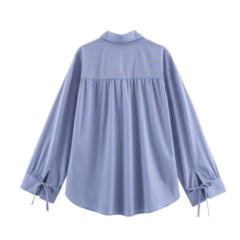 Women Casual Striped Bow Tie Neck Long Sleeve Blouse Loose Button Down Office Work Top Elegant Striped Pattern Blouse